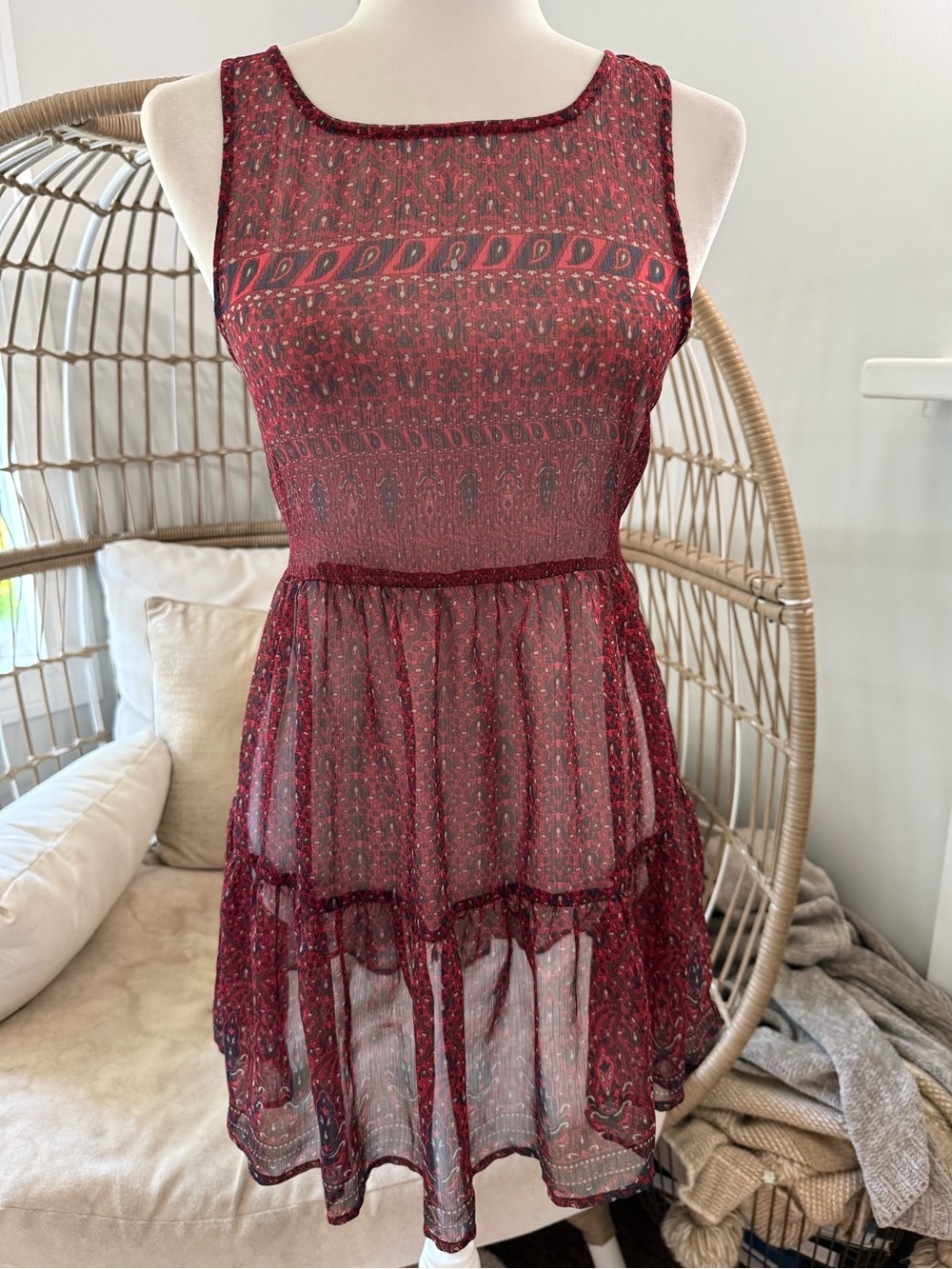Band Of Gypsies Paisley Dress XS Burgundy Sheer Boho Cross Back Fit Flare